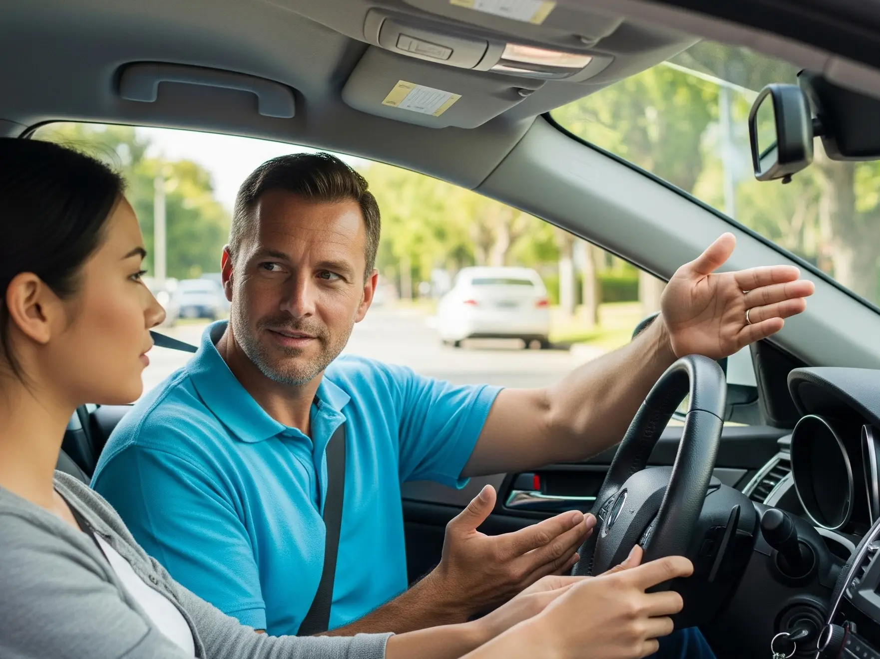 Instructor guiding a student through a driving lesson