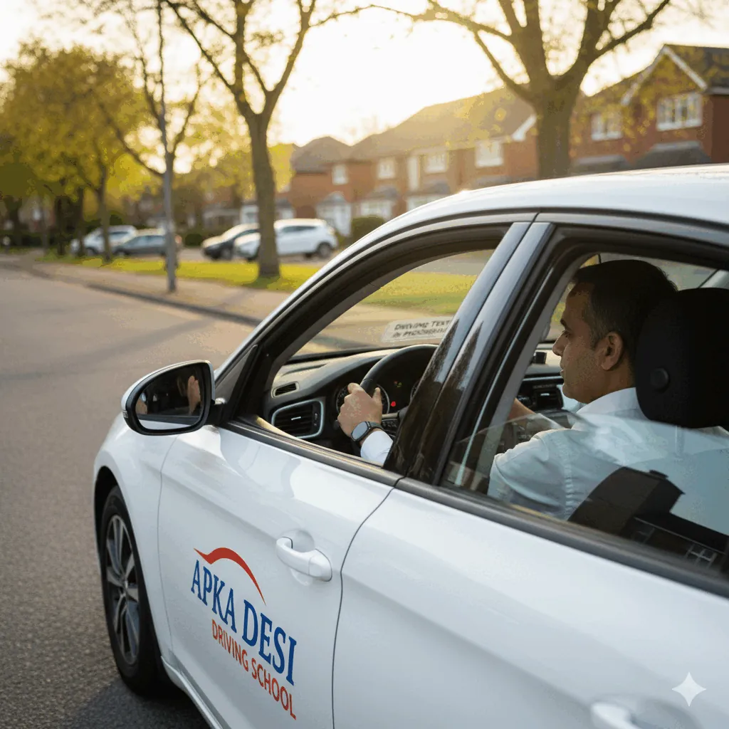 Learner driving a white driving-school car along a tree-lined residential street (illustration)
