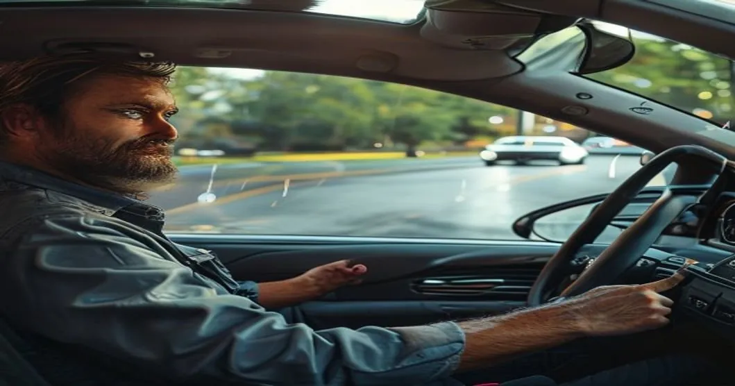 Driver demonstrating defensive driving techniques on a Pennsylvania road, emphasizing safe driving and accident prevention for a defensive driving course PA.