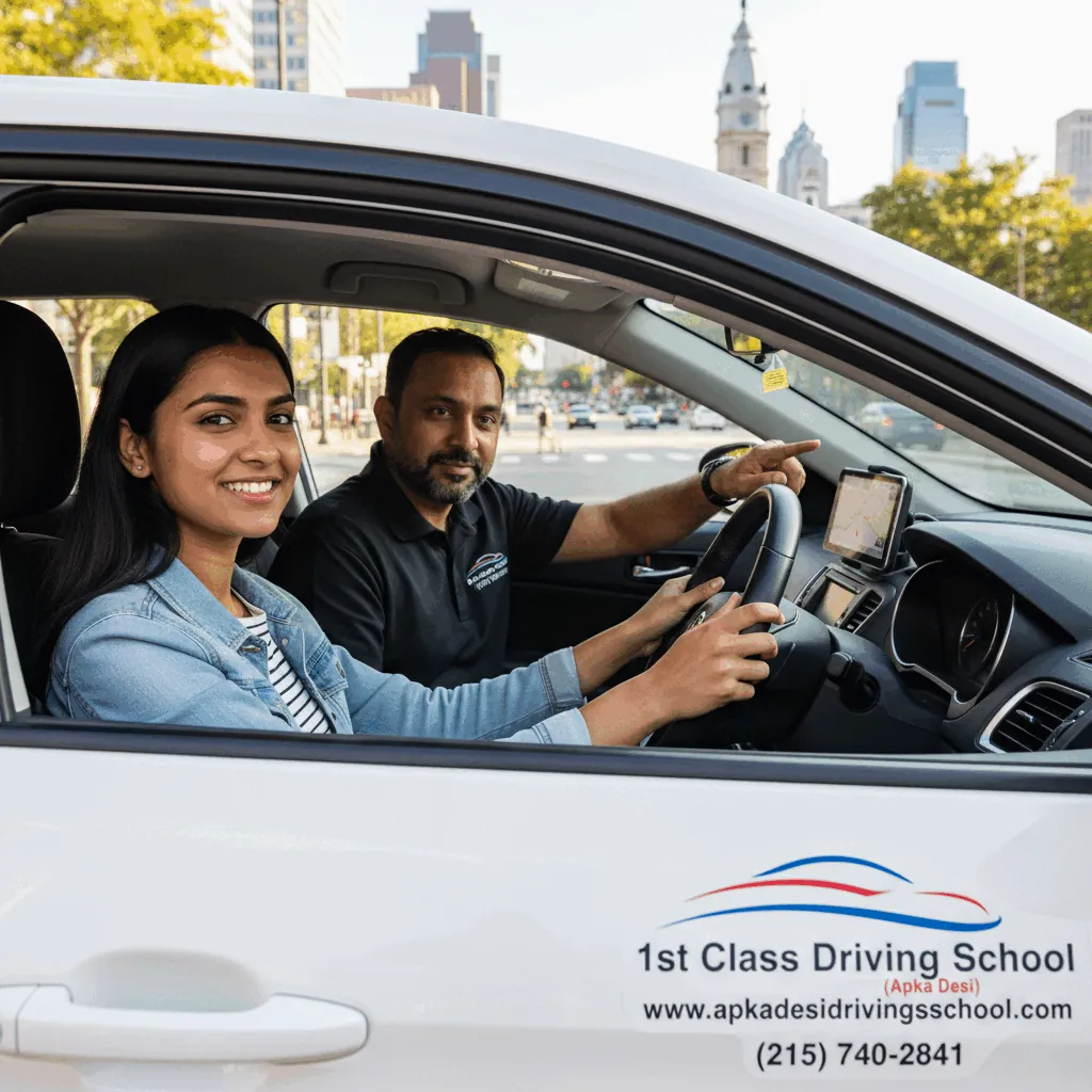 Student driver smiling at the wheel as an instructor points ahead, Philadelphia skyline behind (illustration)