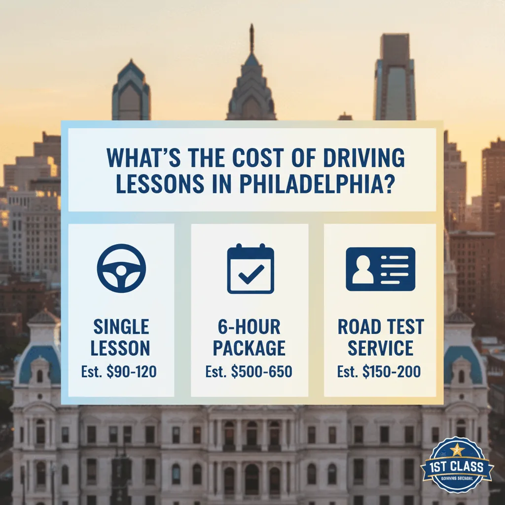 Infographic of typical driving lesson costs in Philadelphia over the city skyline