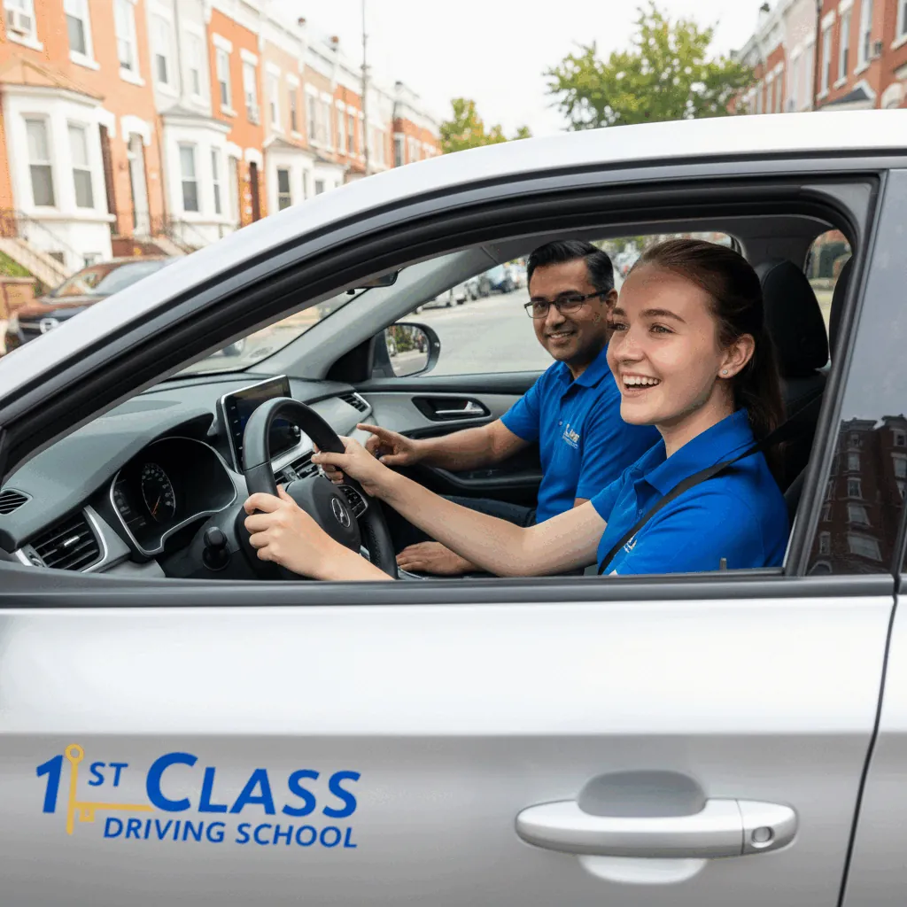 A nervous but hopeful student driver sitting in a car with a 1st Class Driving School instructor in Philadelphia.
