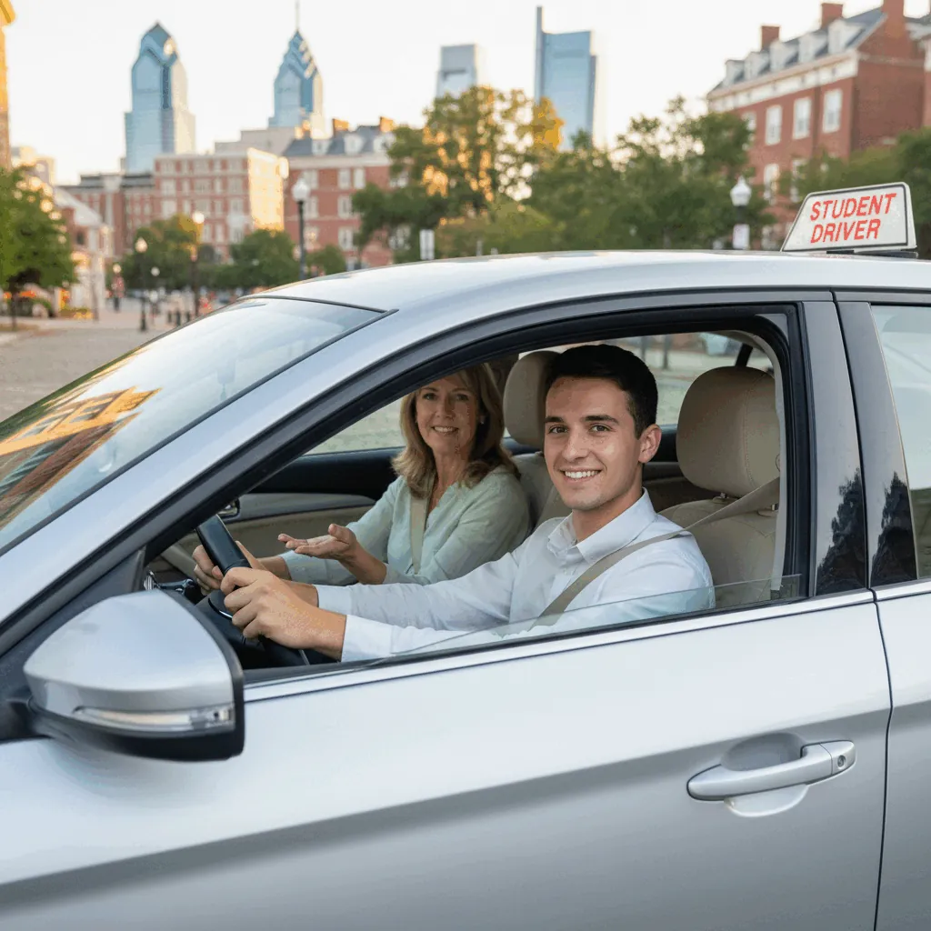A nervous student driver gripping the steering wheel before their Philadelphia driving test.