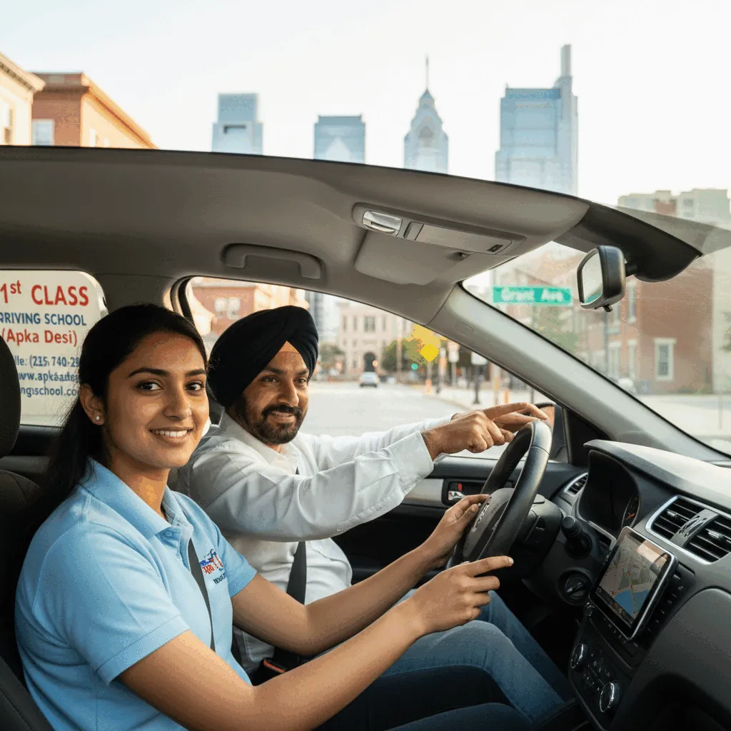 Student driver and instructor in a car on a Philadelphia street (illustration)