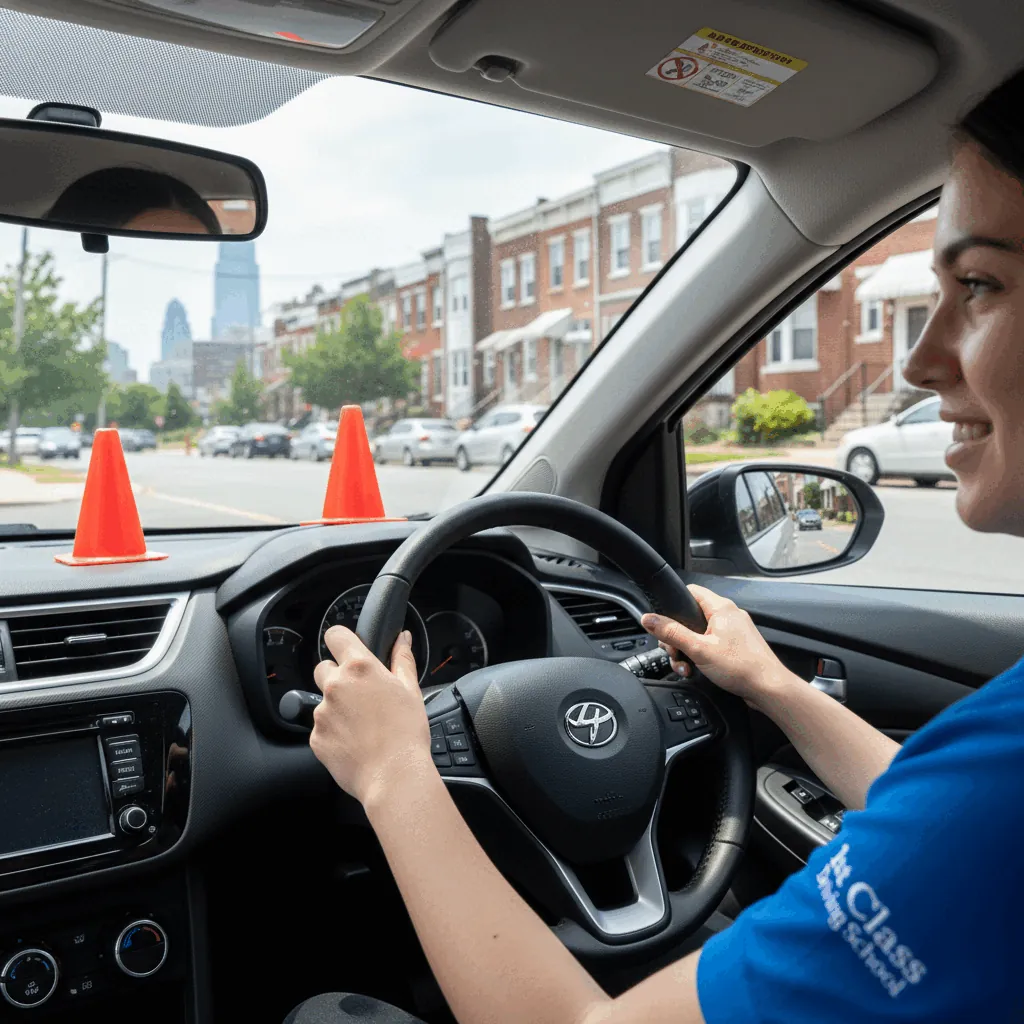 Practice cones set out on a quiet street for parallel parking drill