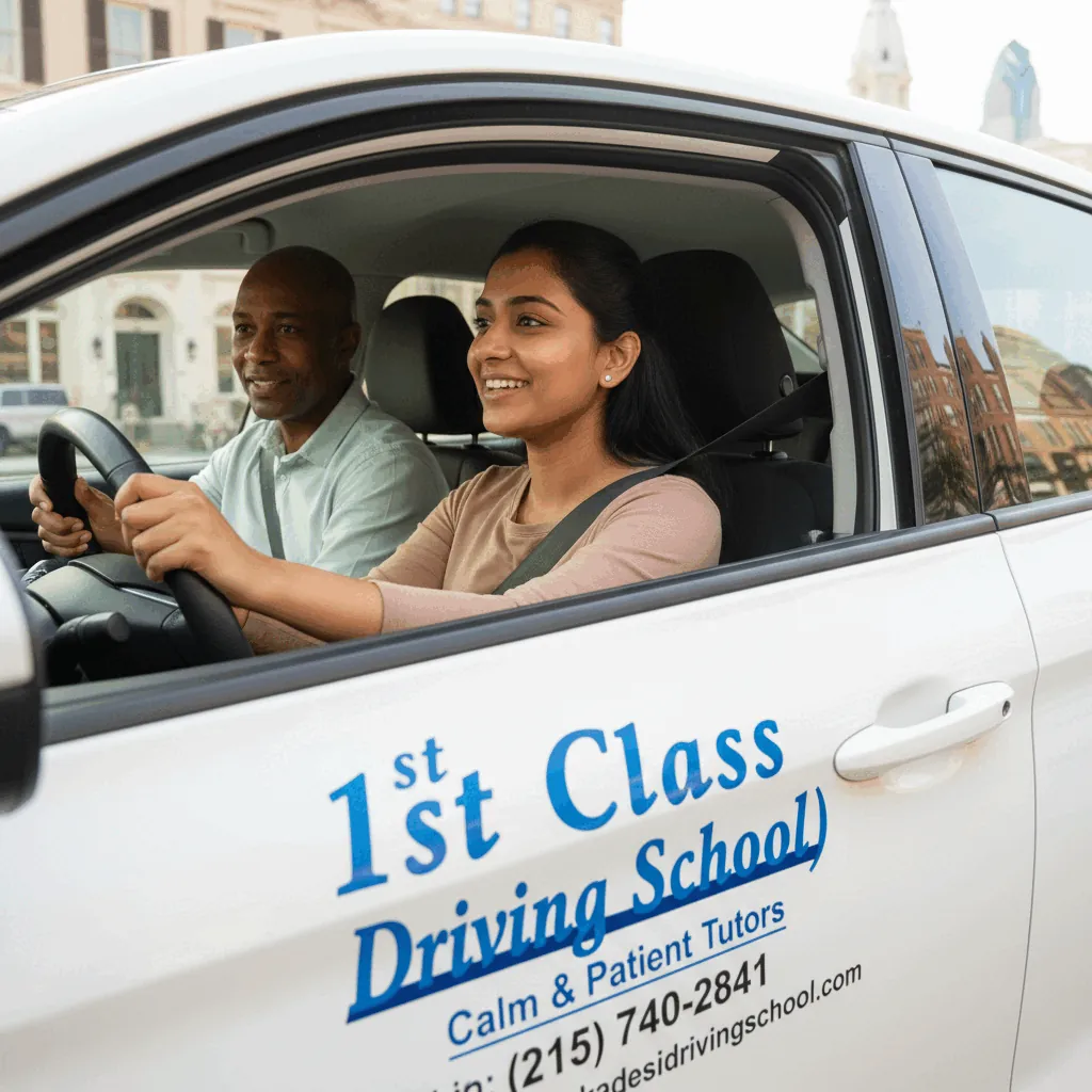Student driver smiling at the wheel beside a calm instructor (illustration)