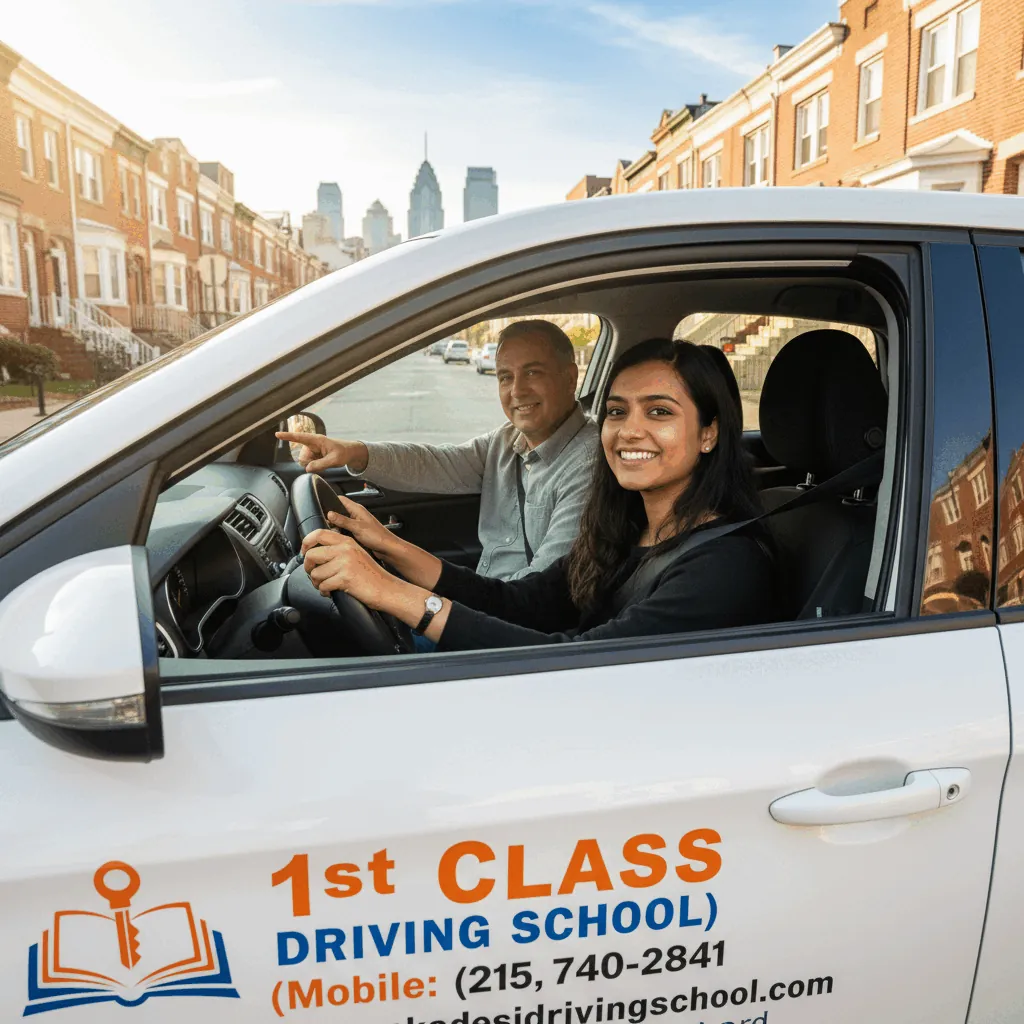 Student driver at the wheel as an instructor points ahead on a Philadelphia rowhouse street (illustration)