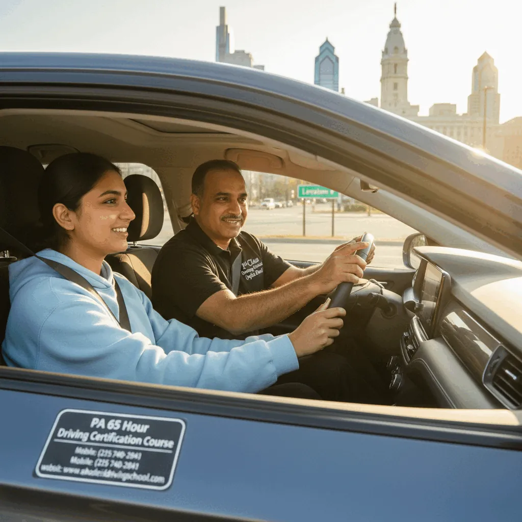 Student driver smiling at the wheel beside an instructor, Philadelphia skyline behind (illustration)