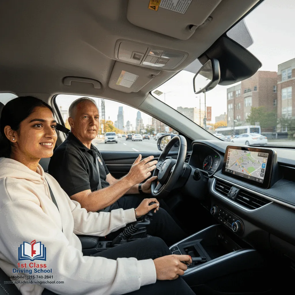 Instructor pointing out the road ahead to a student driver on a city street (illustration)