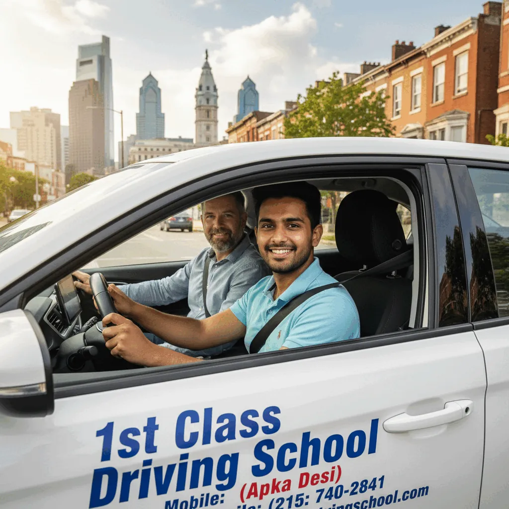 Student driver and instructor in a white driving-school car, Philadelphia skyline behind (illustration)