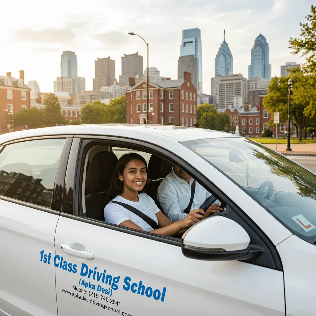 Smiling student driver in a white driving-school car on a Philadelphia street (illustration)
