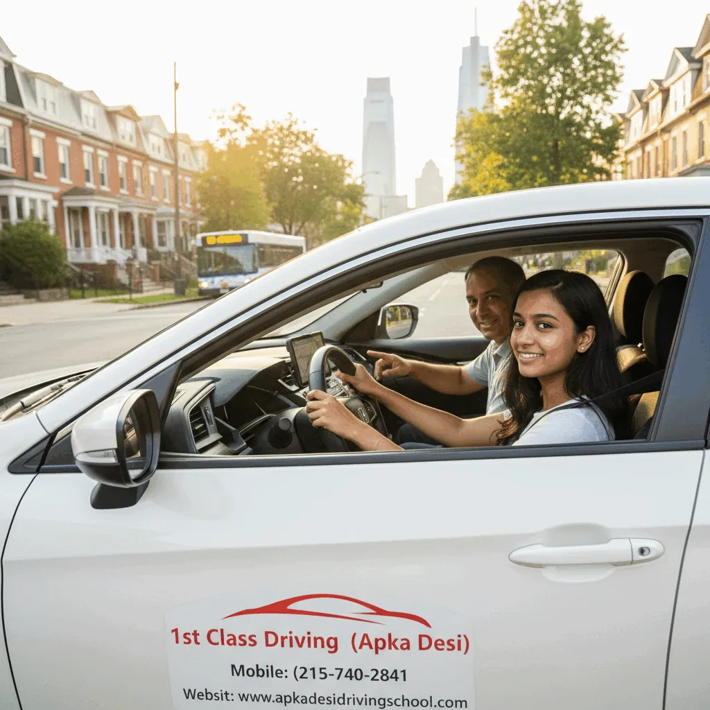 Student driver and instructor in a driving-school car on a Philadelphia rowhouse street (illustration)