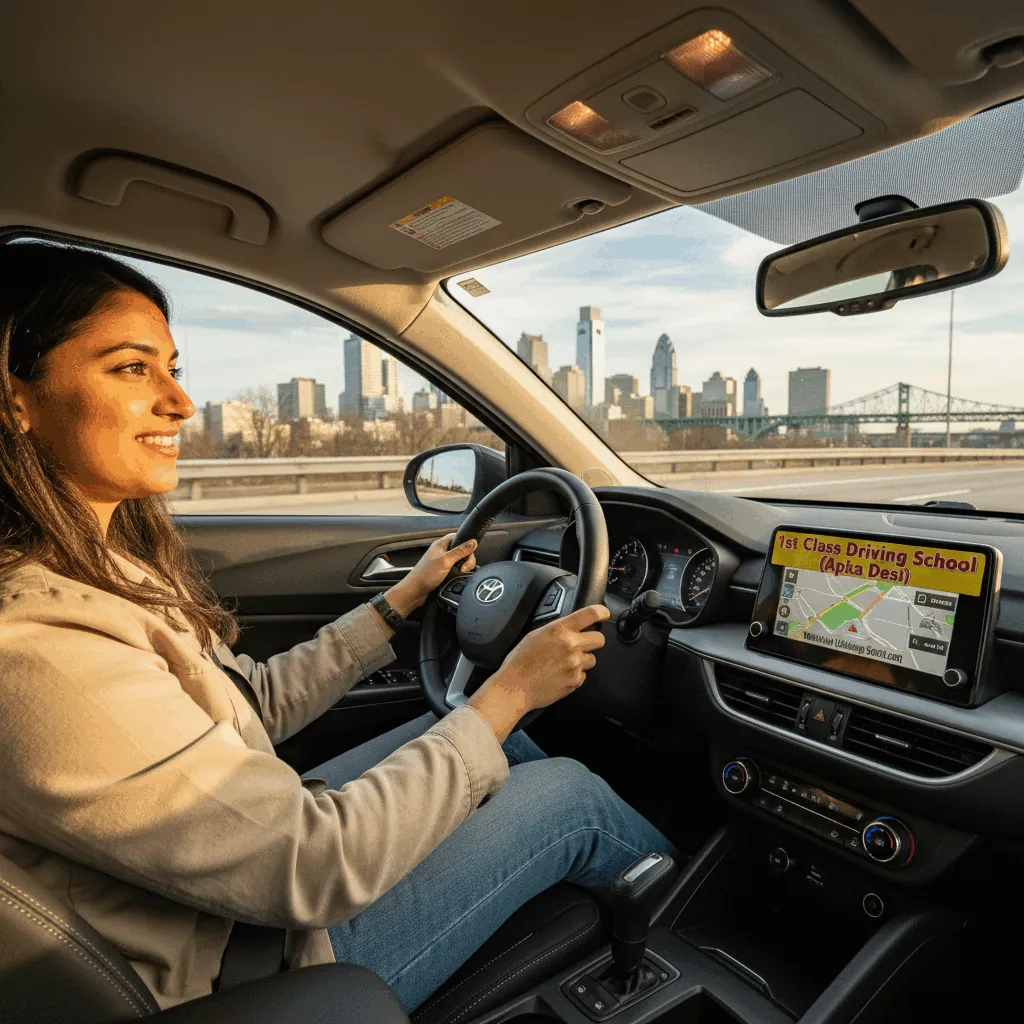 Driver on an expressway with the Philadelphia skyline ahead (illustration)