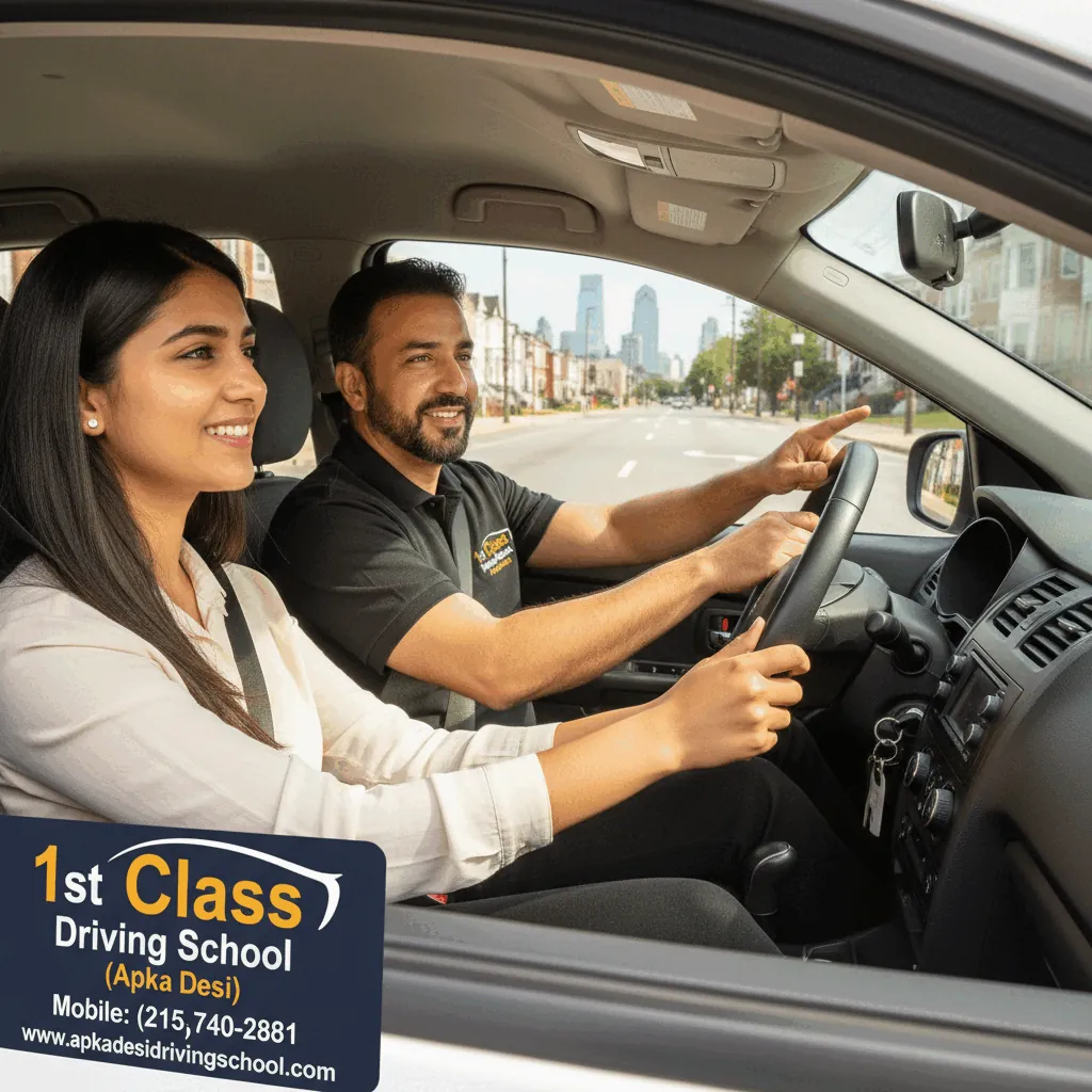 Instructor guiding a smiling student driver through a turn (illustration)